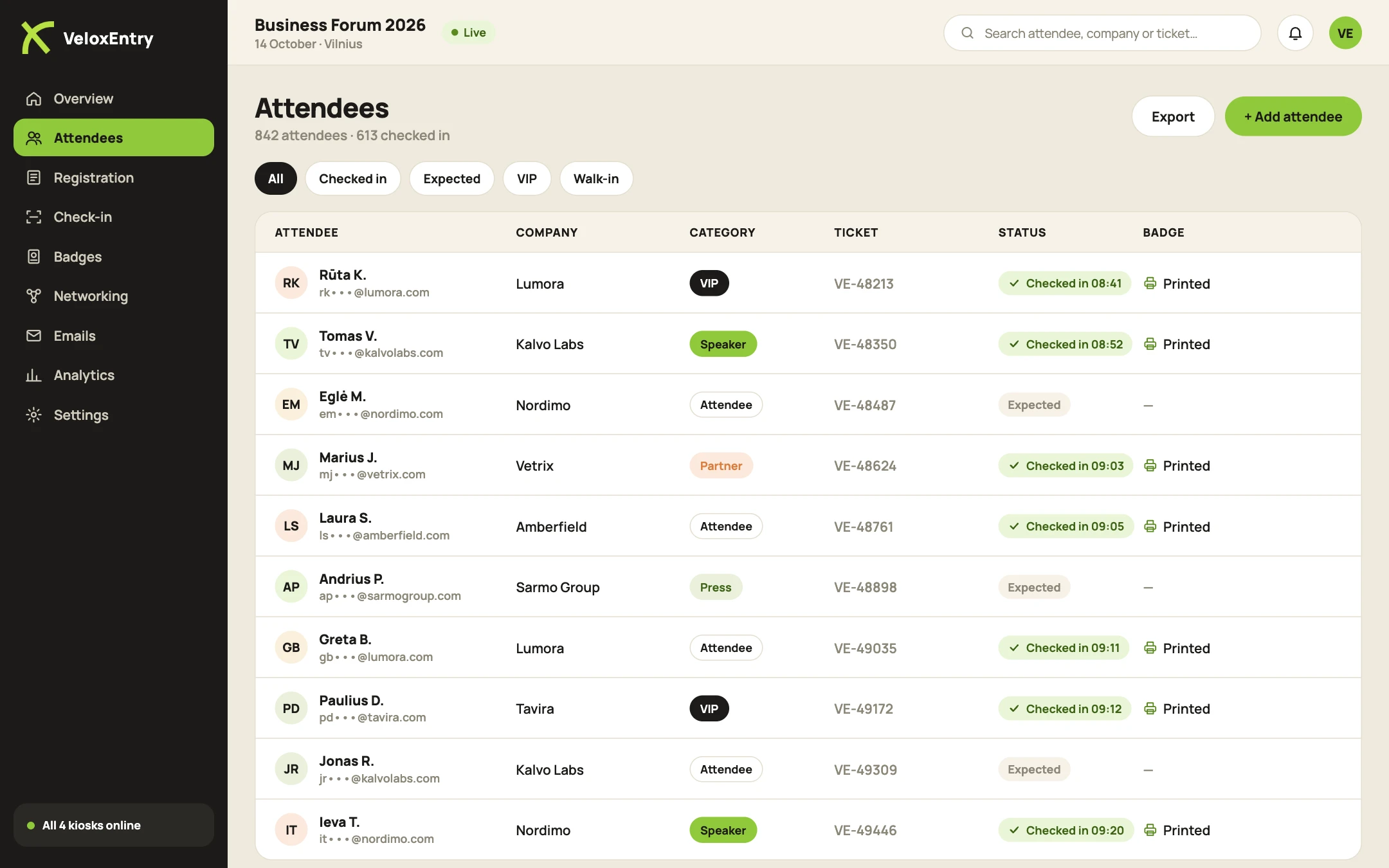 VeloxEntry attendee list with check-in status and badge printing