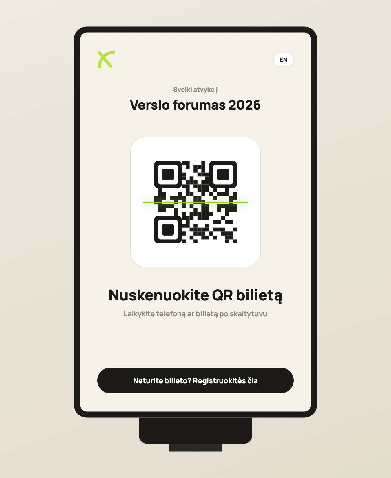 VeloxEntry savitarnos check-in kioskas: QR bilieto skenavimas