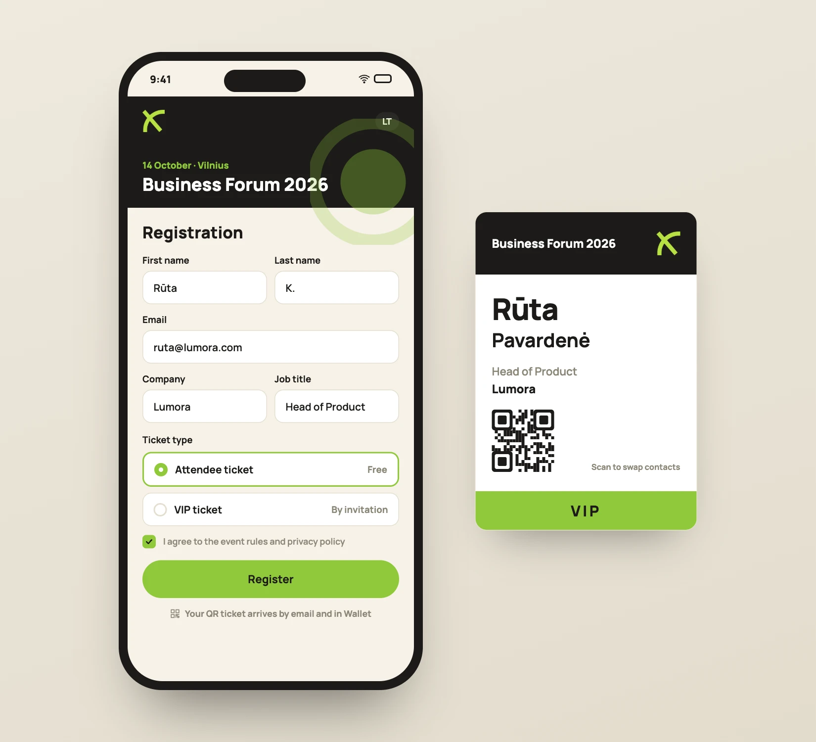 VeloxEntry mobile registration page and name badge