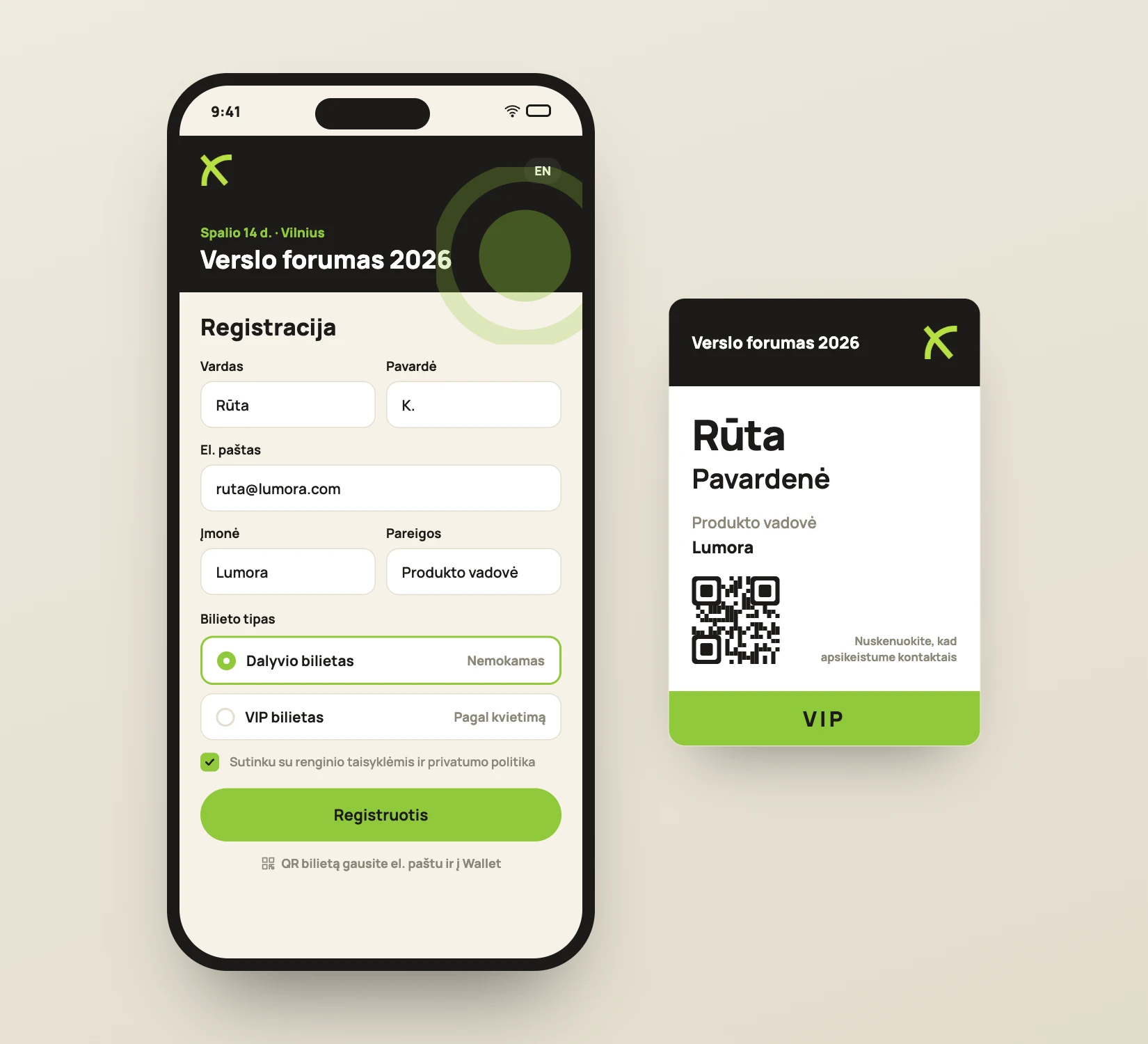 VeloxEntry registracijos puslapis telefone ir vardinė kortelė